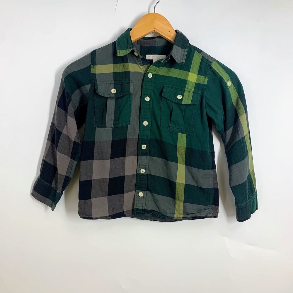 Burberry Kids Plaid Long Sleeve Button Up Shirt Green Grey Yellow Check Boys 7Y